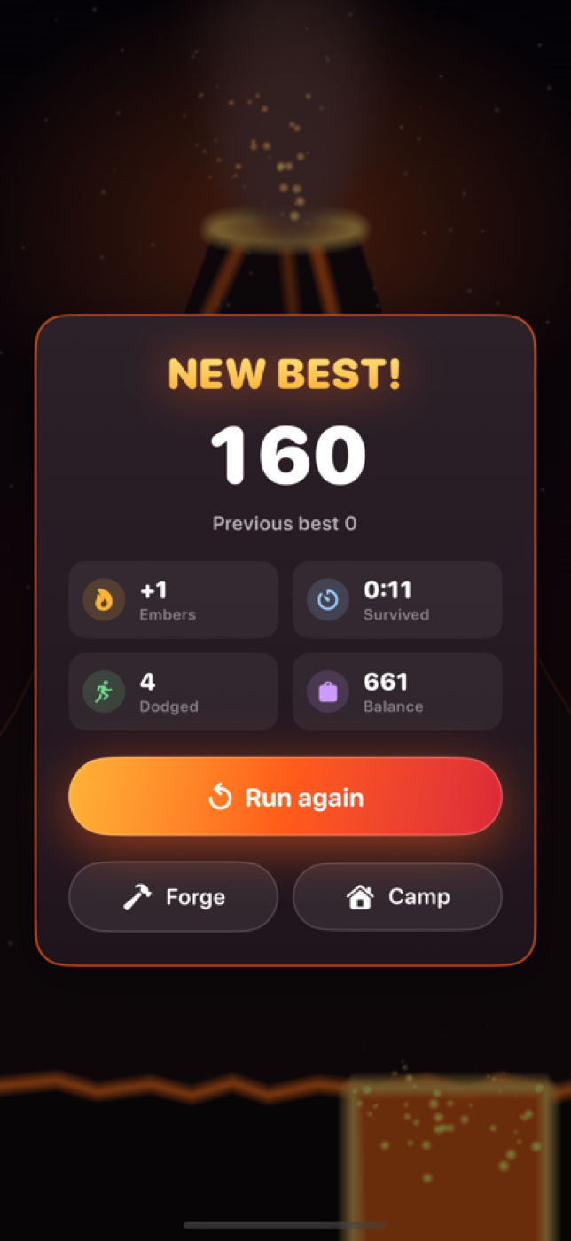 Results card with a new best score, embers earned, time survived and boulders dodged