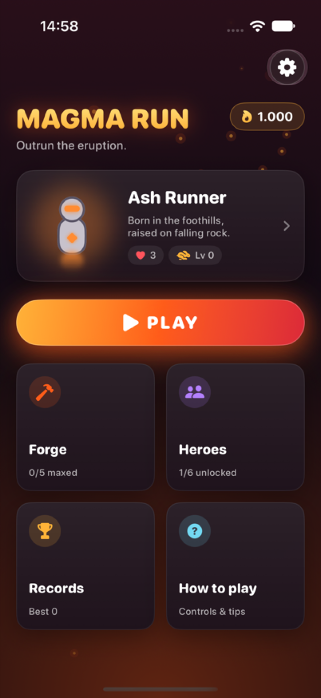 Camp screen with the current runner, the play button and shortcuts to Forge, Heroes, Records and How to play