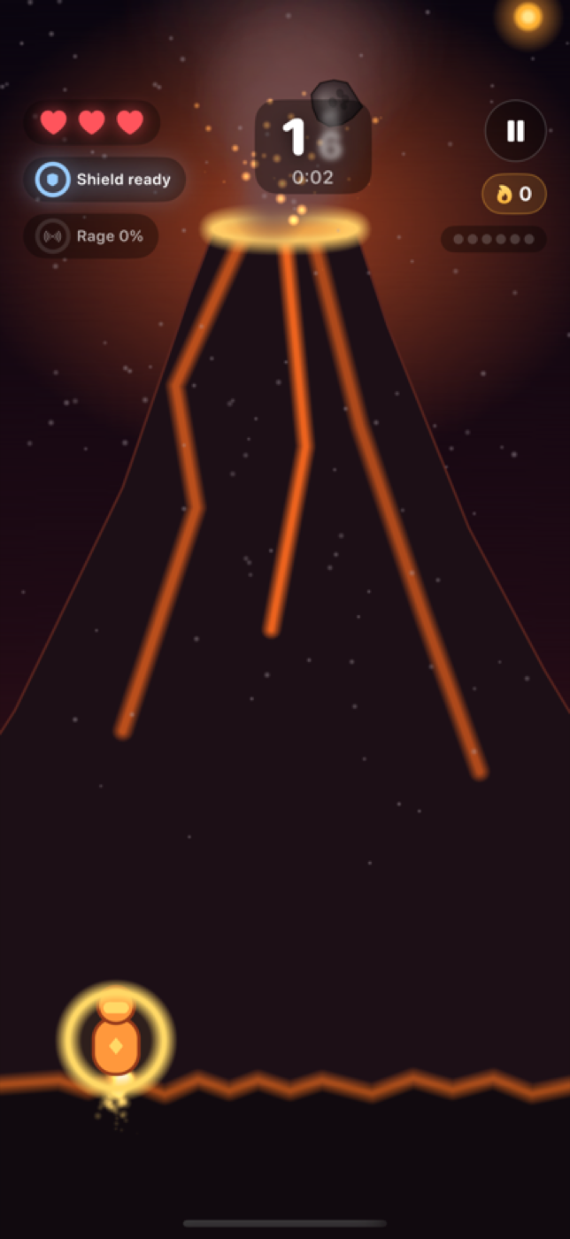Gameplay: boulders launching from the crater while the runner waits below